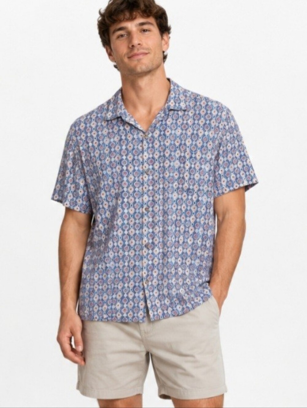 Tommy Bahama 100% Silk Camp Shirt Mens XL Blue Pink Geometric Hawaiian Casual Bu